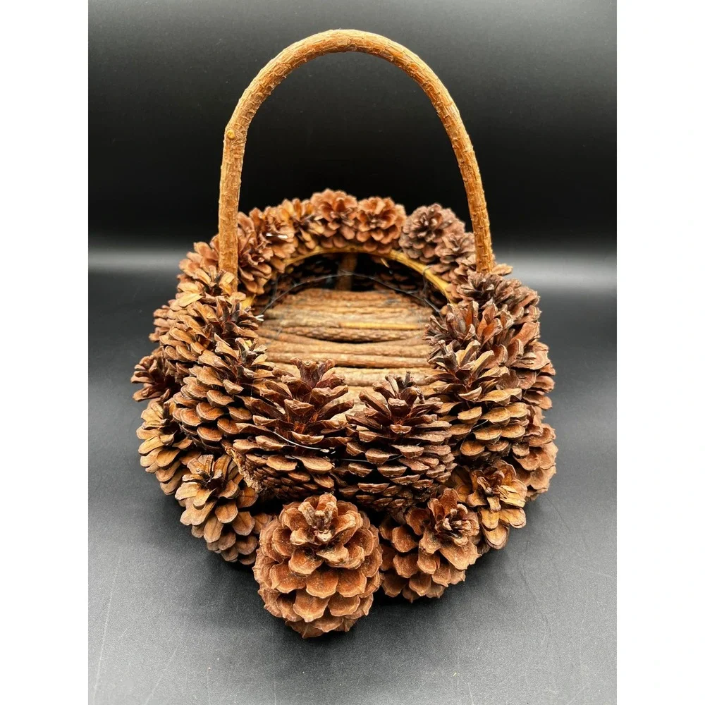 Handmade Pinecone Basket Rustic Woodland Twig Base Natural Wood Handle 14x10 in